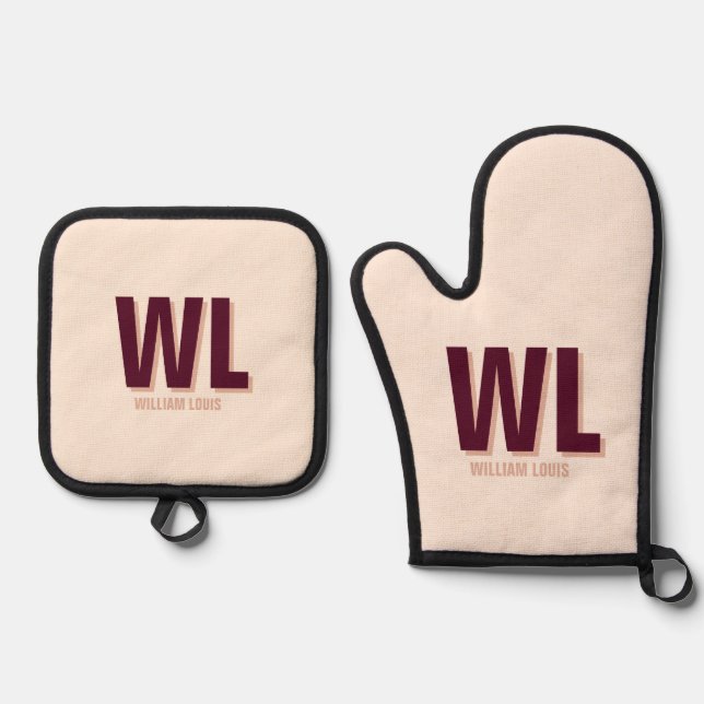 Minimalist Burgundy Pink Personalized Monogram  Oven Mitt & Pot Holder Set (Front)