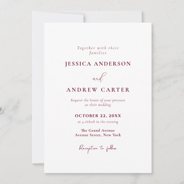 Minimalist Burgundy Red & White Simple Wedding Invitation (Front)