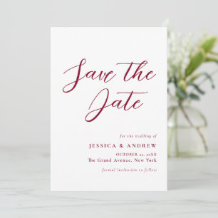 Minimalist Burgundy Red & White Simple Wedding Save The Date