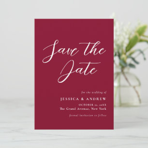 Minimalist Burgundy Red & White Simple Wedding Save The Date