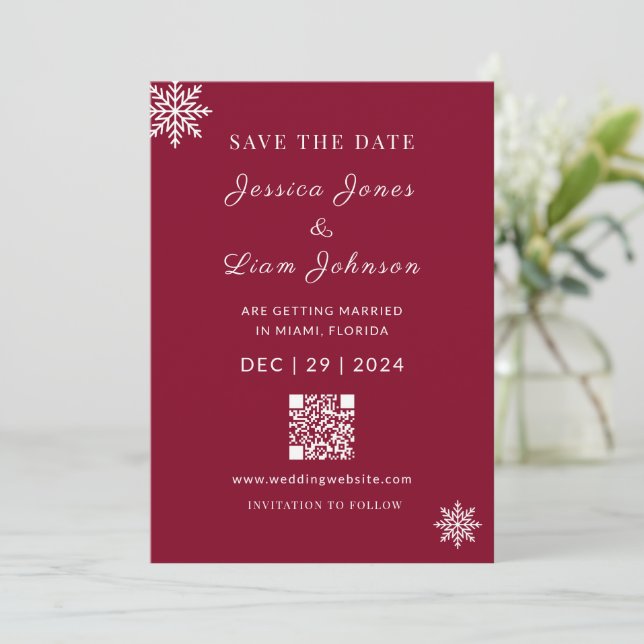 Minimalist Burgundy Red Winter Wedding QR Code Save The Date (Standing Front)