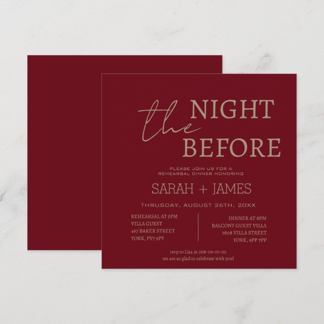 Minimalist Burgundy Rehearsal Dinner Wedding  Invitation (Front/Back)