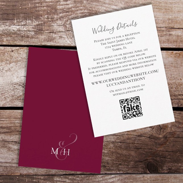 Minimalist Burgundy Wedding Details QR Code  Enclosure Card (Creator Uploaded)