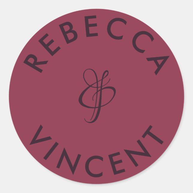 Minimalist Burgundy Wedding Personalized Names Classic Round Sticker (Front)