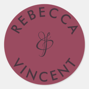 Minimalist Burgundy Wedding Personalized Names Classic Round Sticker