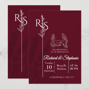 Minimalist Burgundy & White Birds Wedding Invite