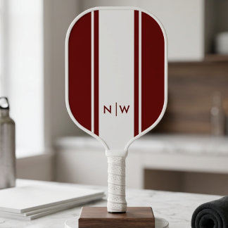 Minimalist Burgundy & White Stripe Modern Monogram Pickleball Paddle