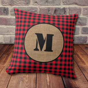 Minimalist Burlap and Red Buffalo Plaid Monogram Throw Pillow