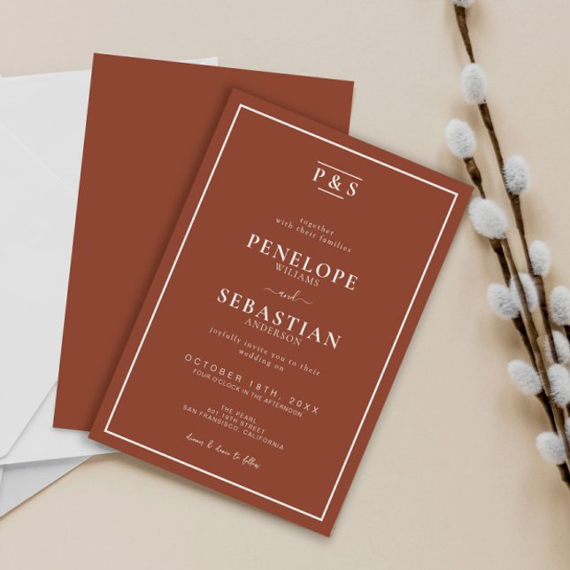 Minimalist Burnt Orange Boho Monogram Wedding  Invitation (Creator Uploaded)