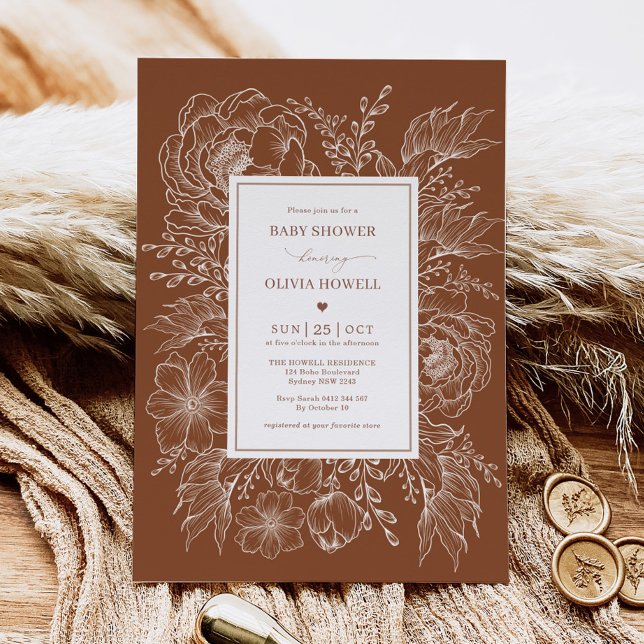 Minimalist Burnt Orange Botanical Baby Shower Invitation (Creator Uploaded)