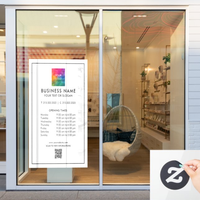 Minimalist Business QR Code Logo Opening Hours Window Cling (Store Window)