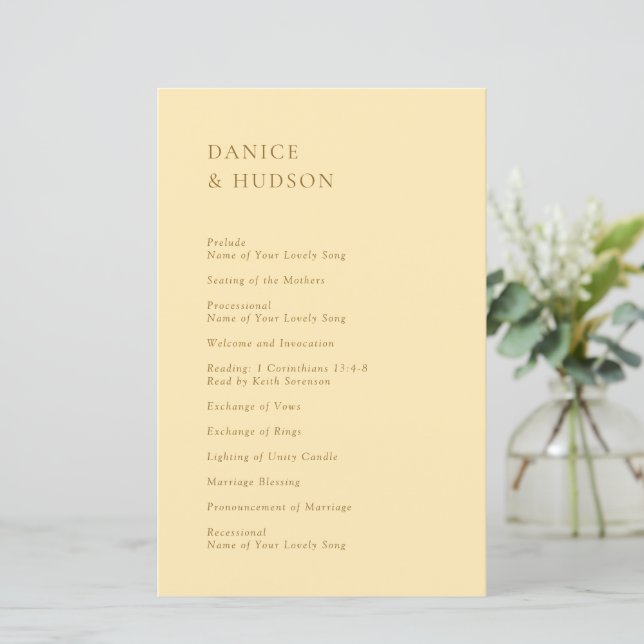 Minimalist Butter Yellow Modern Wedding Program (Standing Front)