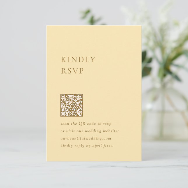 Minimalist Butter Yellow QR Code Modern Wedding RSVP Card (Standing Front)