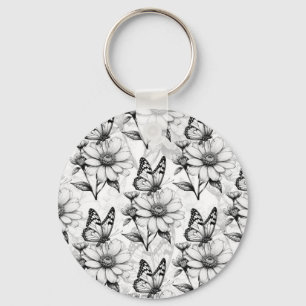 Minimalist Butterfly on Flower Pattern Design  Keychain