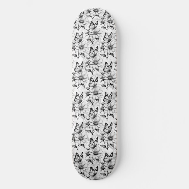 Minimalist Butterfly on Flower Pattern Design  Skateboard (Front)