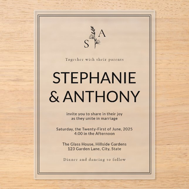 Minimalist BW Monogram Wildflower Wedding Acrylic Invitations (Front)
