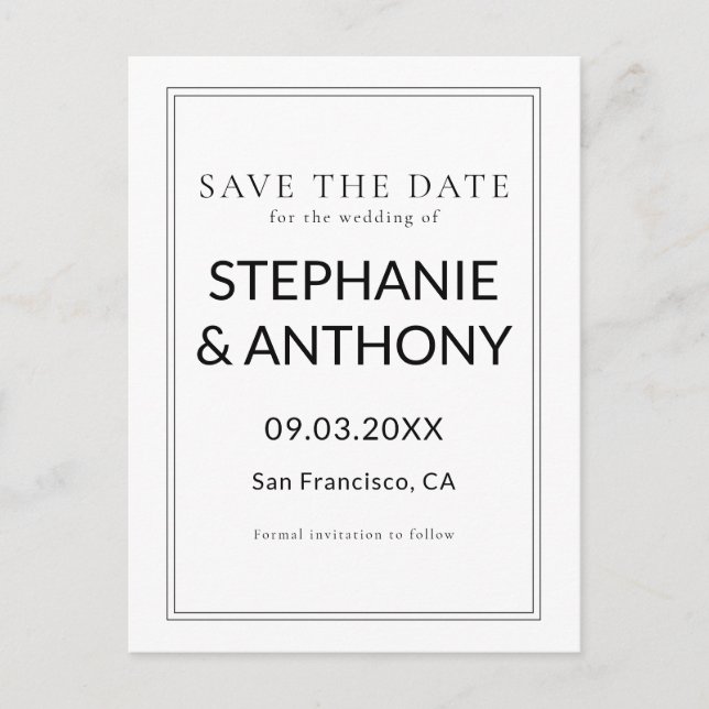 Minimalist BW Monogram Wildflower Wedding Announcement Postcard (Front)