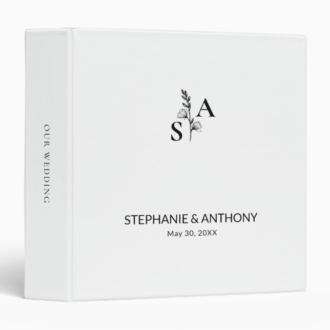 Minimalist BW Monogram Wildflower Wedding Binder (Front/Spine)