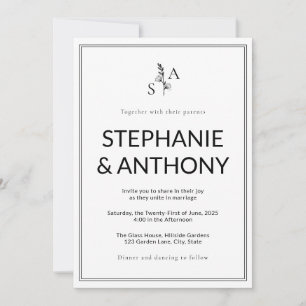 Minimalist BW Monogram Wildflower Wedding Invitation