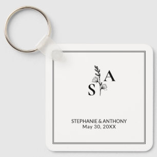 Minimalist BW Monogram Wildflower Wedding Keychain