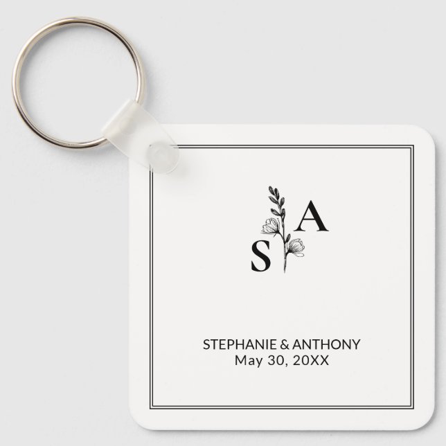 Minimalist BW Monogram Wildflower Wedding Keychain (Front)