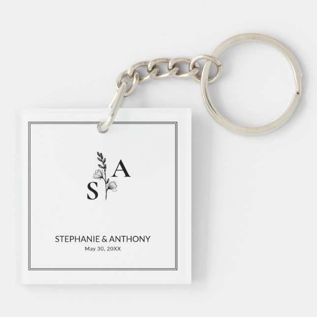 Minimalist BW Monogram Wildflower Wedding Keychain (Back)
