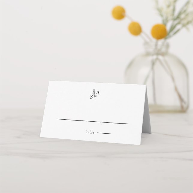 Minimalist BW Monogram Wildflower Wedding Place Card (Front)
