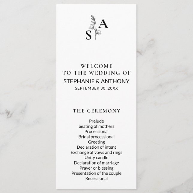 Minimalist BW Monogram Wildflower Wedding Program (Front)