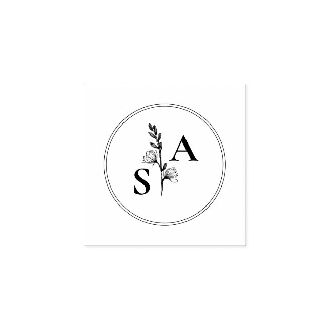 Minimalist BW Monogram Wildflower Wedding Rubber Stamp (Imprint)