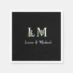 Minimalist Cactus Monogram Name Black Cocktail Napkin