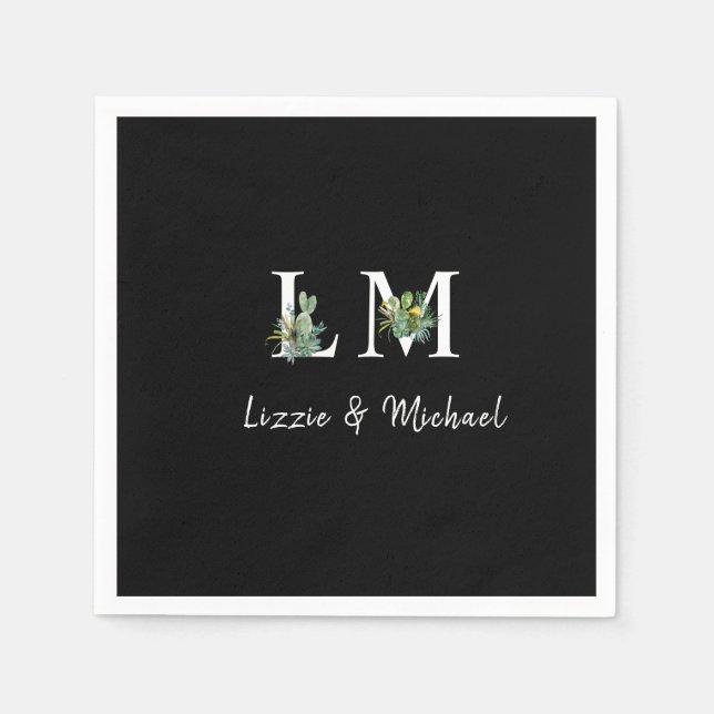 Minimalist Cactus Monogram Name Black Cocktail Napkin (Front)
