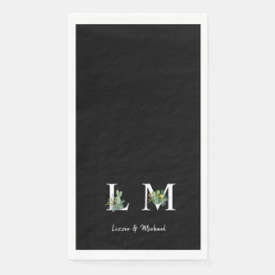 Minimalist Cactus Monogram Name Black Napkin