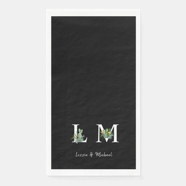 Minimalist Cactus Monogram Name Black Napkin (Front)