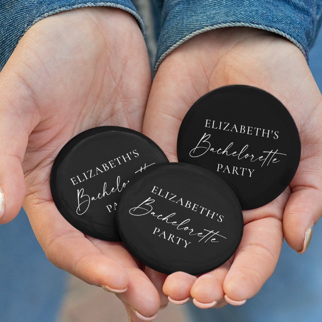 Minimalist Calligraphy Bachelorette Party Black 2 Inch Round Button (Customize to change background color.)