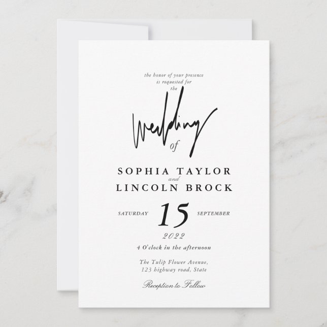 Minimalist Calligraphy Black and White Wedding Invitation (Front)