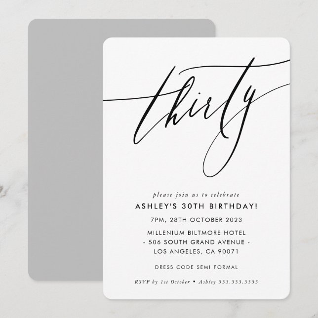 MINIMALIST Calligraphy chic 30th birthday Invitation (Front/Back)