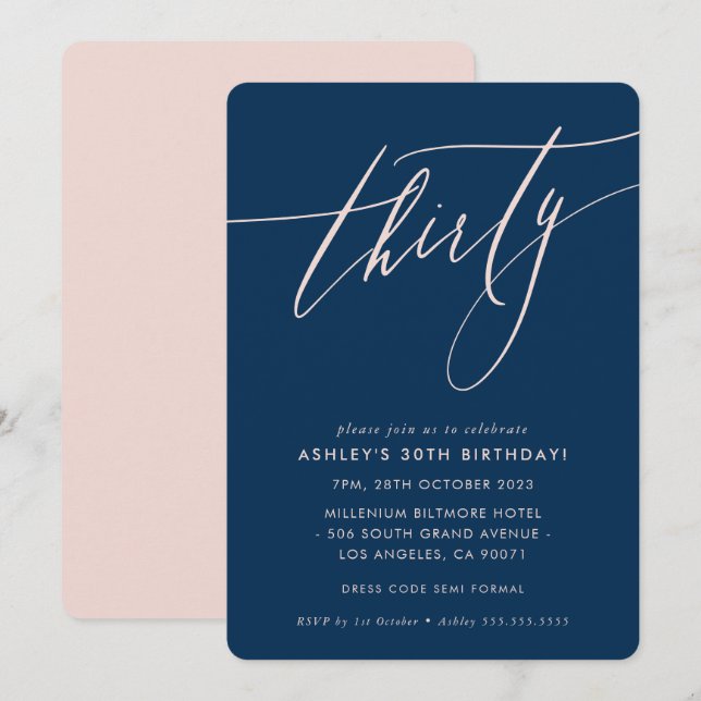 MINIMALIST Calligraphy chic 30th party navy blush  Invitation (Front/Back)