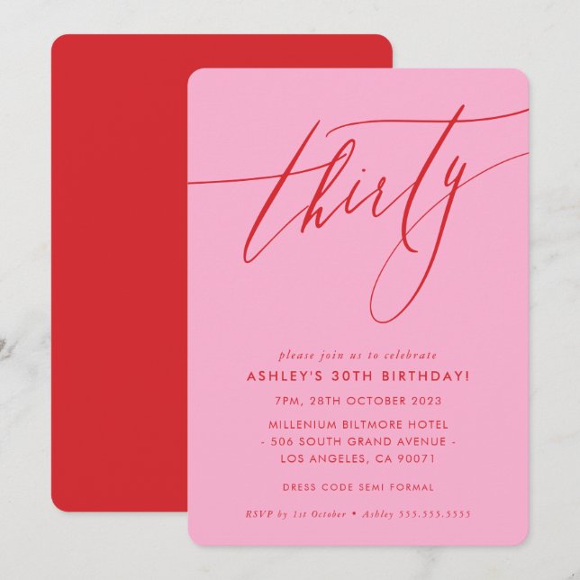 MINIMALIST Calligraphy chic 30th party pink red Invitation (Front/Back)