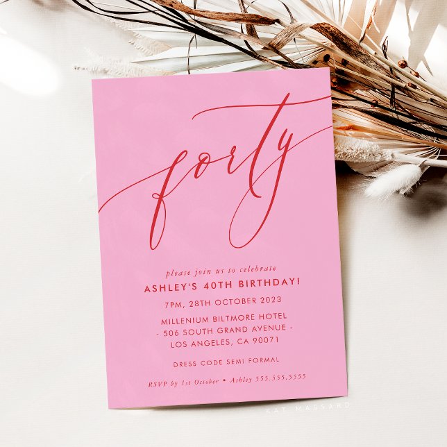 MINIMALIST Calligraphy chic 40th party pink red Invitation (Creator Uploaded)