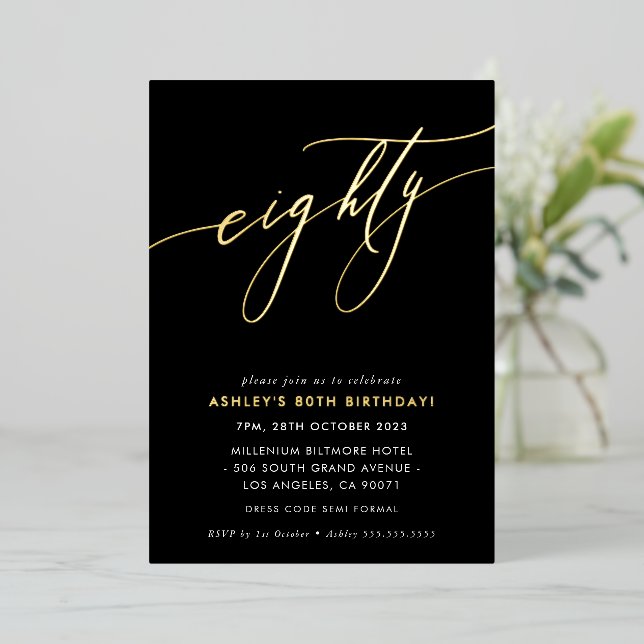 MINIMALIST Calligraphy chic 80th birthday gold Foi (Standing Front)