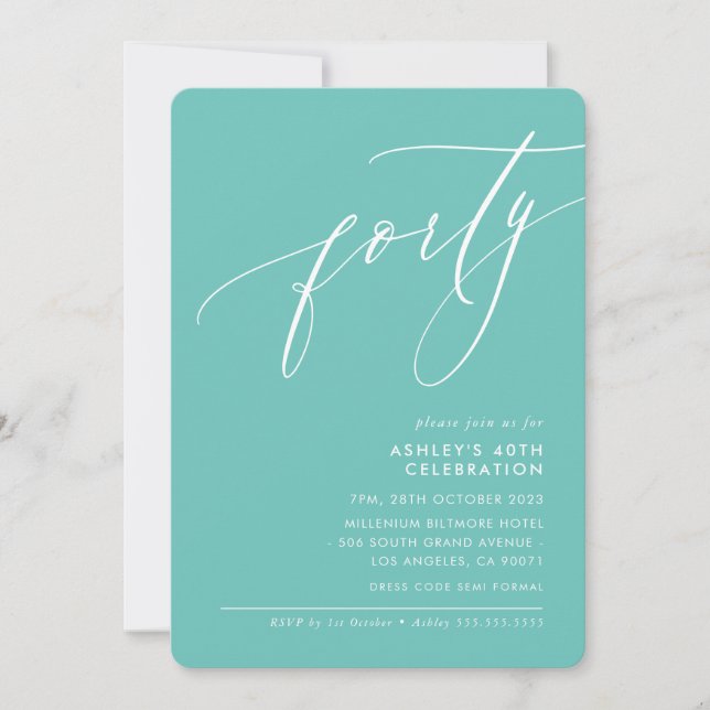 MINIMALIST Calligraphy elegant 40th party mint  Invitation (Front)