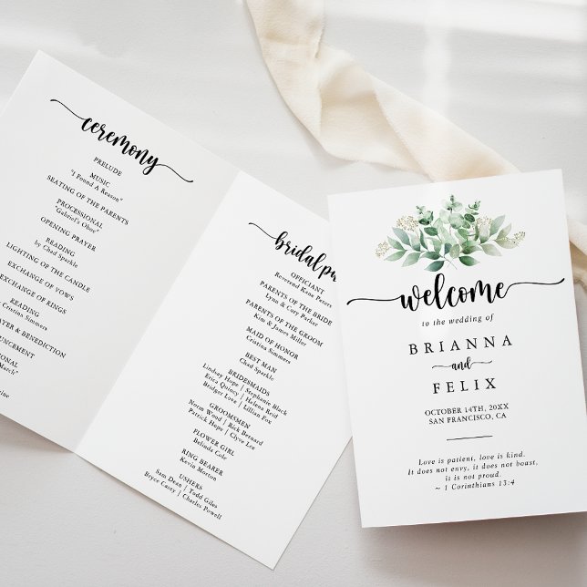 Minimalist Calligraphy Eucalyptus Folded Wedding  Program (Creator Uploaded)