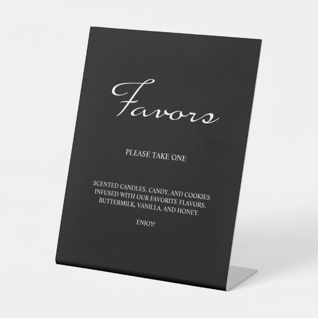 Minimalist Calligraphy Favours Black Wedding Pedestal Sign (Front)