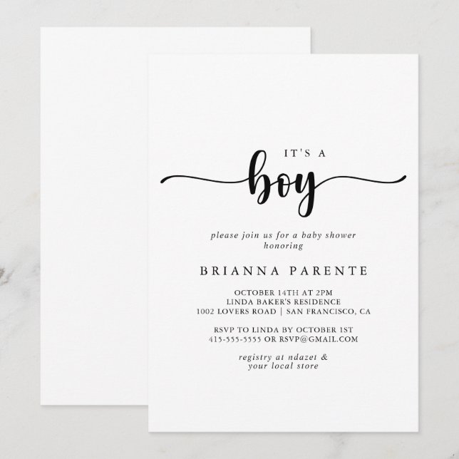 Minimalist Calligraphy It's A Boy Baby Shower  Invitation (Front/Back)