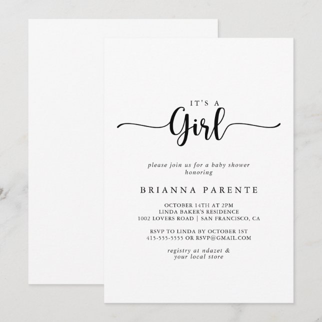 Minimalist Calligraphy It's A Girl Baby Shower  Invitation (Front/Back)