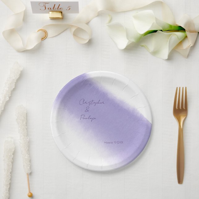 Minimalist Calligraphy Lavender Watercolor Wedding Paper Plate (Wedding)