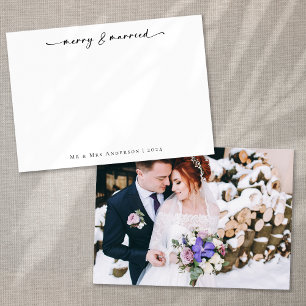 Minimalist Calligraphy Merry & Married Newlyweds Holiday Card