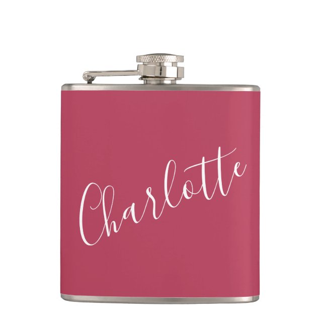 Minimalist Calligraphy Personalized Name Magenta  Hip Flask (Front)