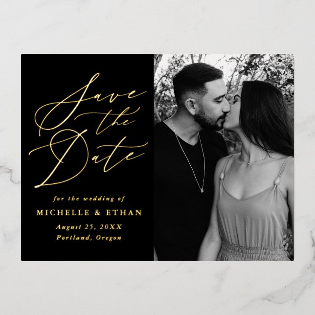 Minimalist Calligraphy Photo Save the Date Foil Invitation Postcard (Front)