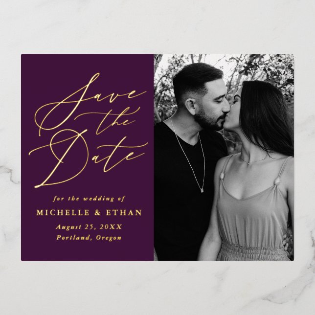 Minimalist Calligraphy Photo Save the Date Foil Invitation Postcard (Front)